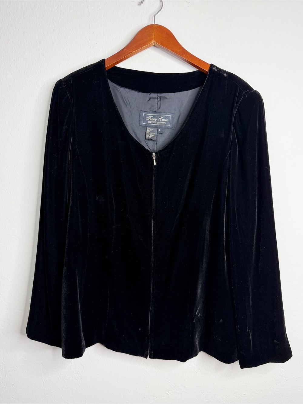 Terry Lewis Black Silk Blend Velvet Jacket Large Zip Front Evening Career Jacket